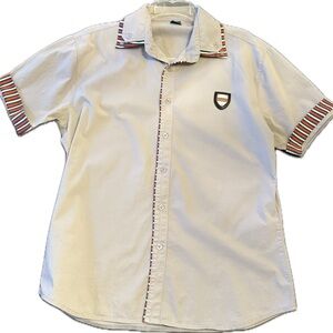 Designer inspired gray button down shirt, short sleeve double collared. size M